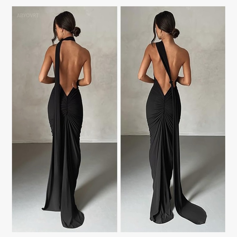 Elegant Black Backless Evening Gown